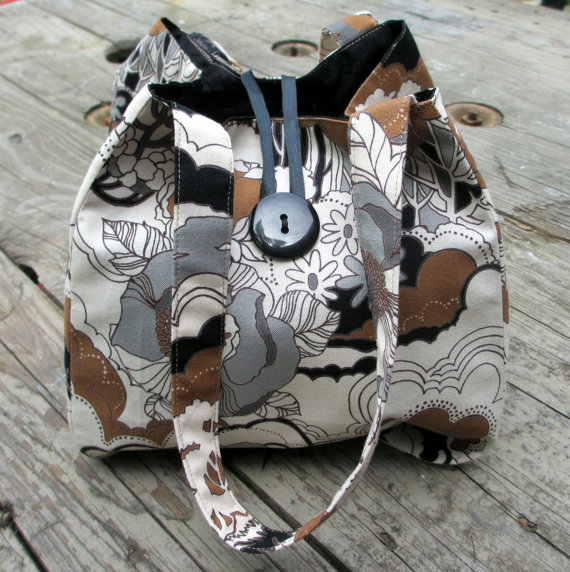 Handmade Fantasy Black, Brown, And Tan Mod Designer Print Handbag, Evening Purse With Beaded Tassel