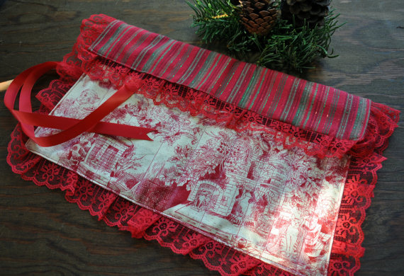 Handmade Couture Christmas Toile Makeup Brush Roll, Paintbrush Roll, Makeup Brush Case, Paintbrush Case