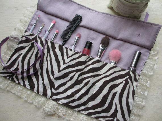 One Of A Kind Handmade Brown And Cream Zebra Print Ruffled Lace Trimmed Makeup Brush Roll/ Paint Brush Roll