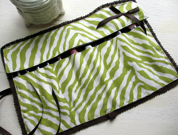 One Of A Kind Handmade Green And Brown Zebra Print Knit Lace Trimmed Makeup Brush Roll/ Paint Brush Roll