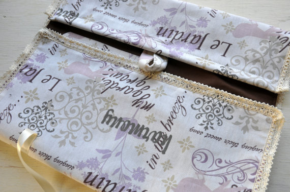 Handmade Garden Inspired Purple, Cream, And Brown Beauty Fold Up Case, Beauty Travel Case, Makeup Roll, Cosmetics Case