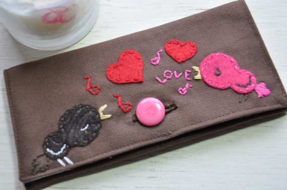 One Of A Kind Handmade Embroidered Love Birds Appliqued Duck Cloth Ladies Wallet And Checkbook Holder