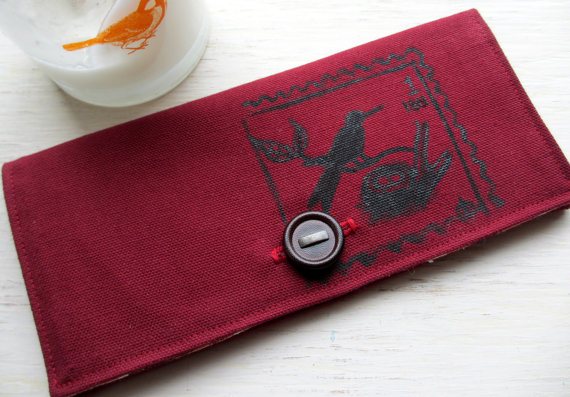 One Of A Kind Hand Painted Bird And Nest Postage Stamp Limited Edition Journeyers Series Burgundy Duck Cloth Wallet