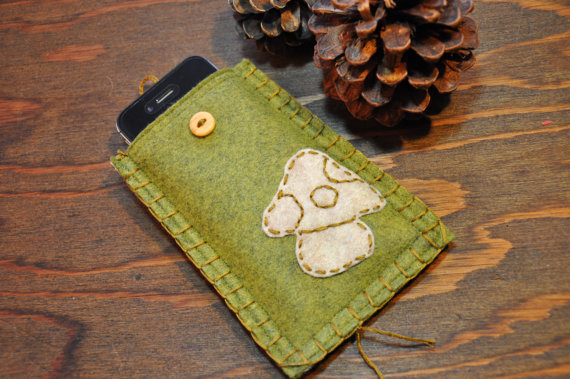 One Of A Kind Handmade Mushroom Embroidered Green Felt Iphone, Smartphone, Android Sleeve/case